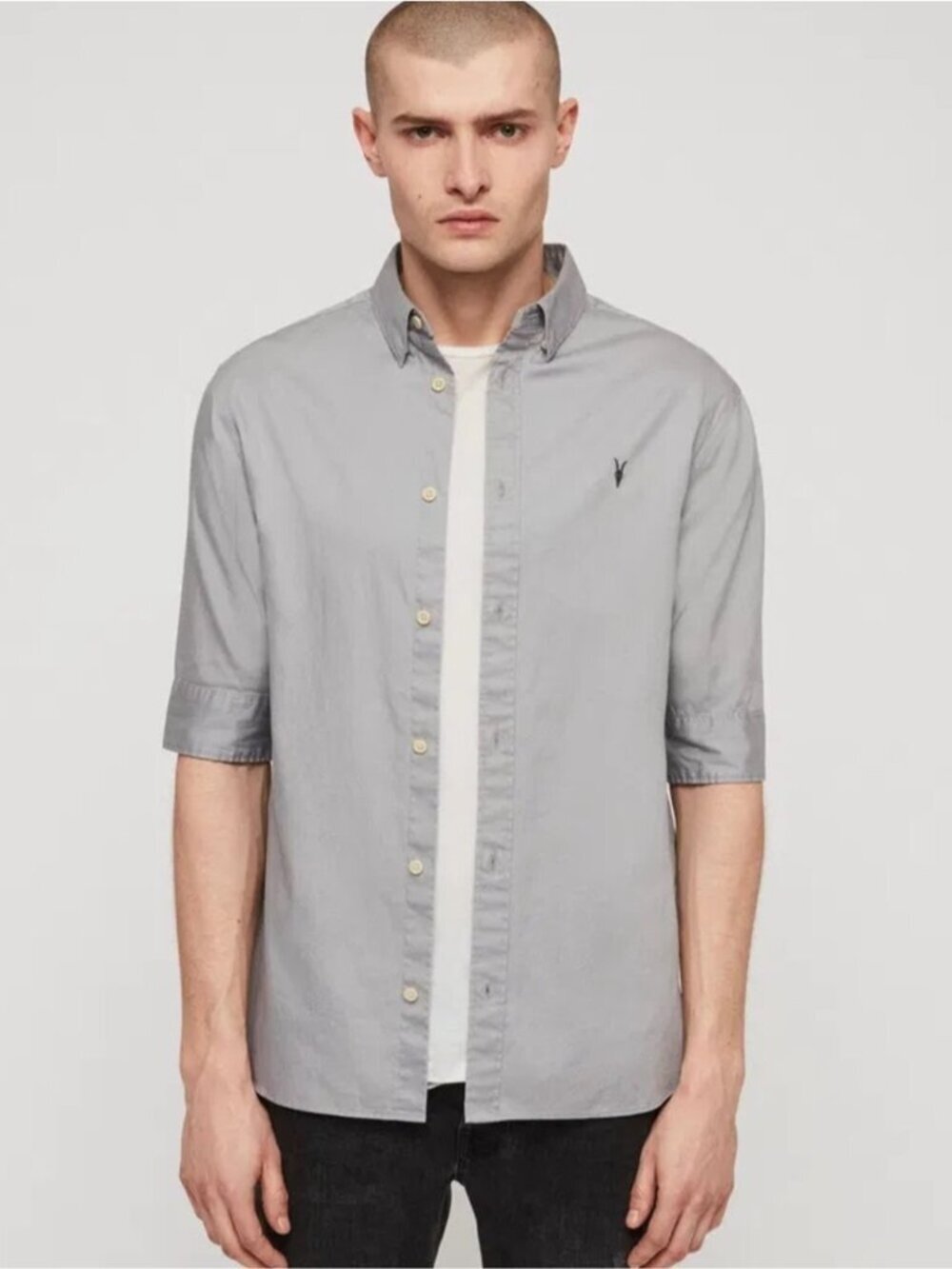 All Saints Redondo Light Grey Button Down Short Sleeve Shirt 100% Cotton Men's S